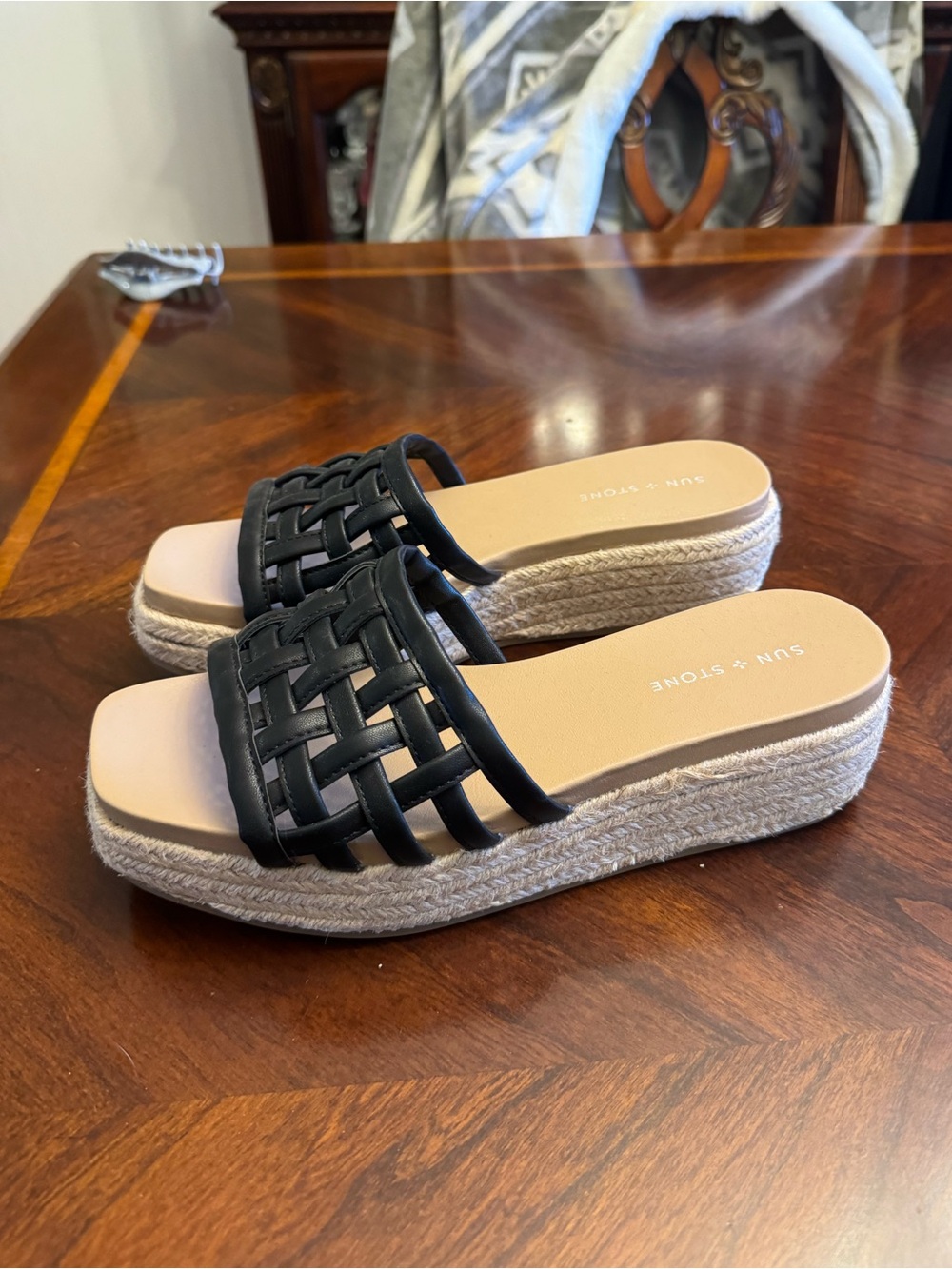 Sun + Stone Black Woven Espadrille Slide Platform Sandals